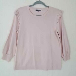 Adrianna Papell Knit Sweater Size Medium Pink w/ Shoulder Ruffle, Balloon Sleeve